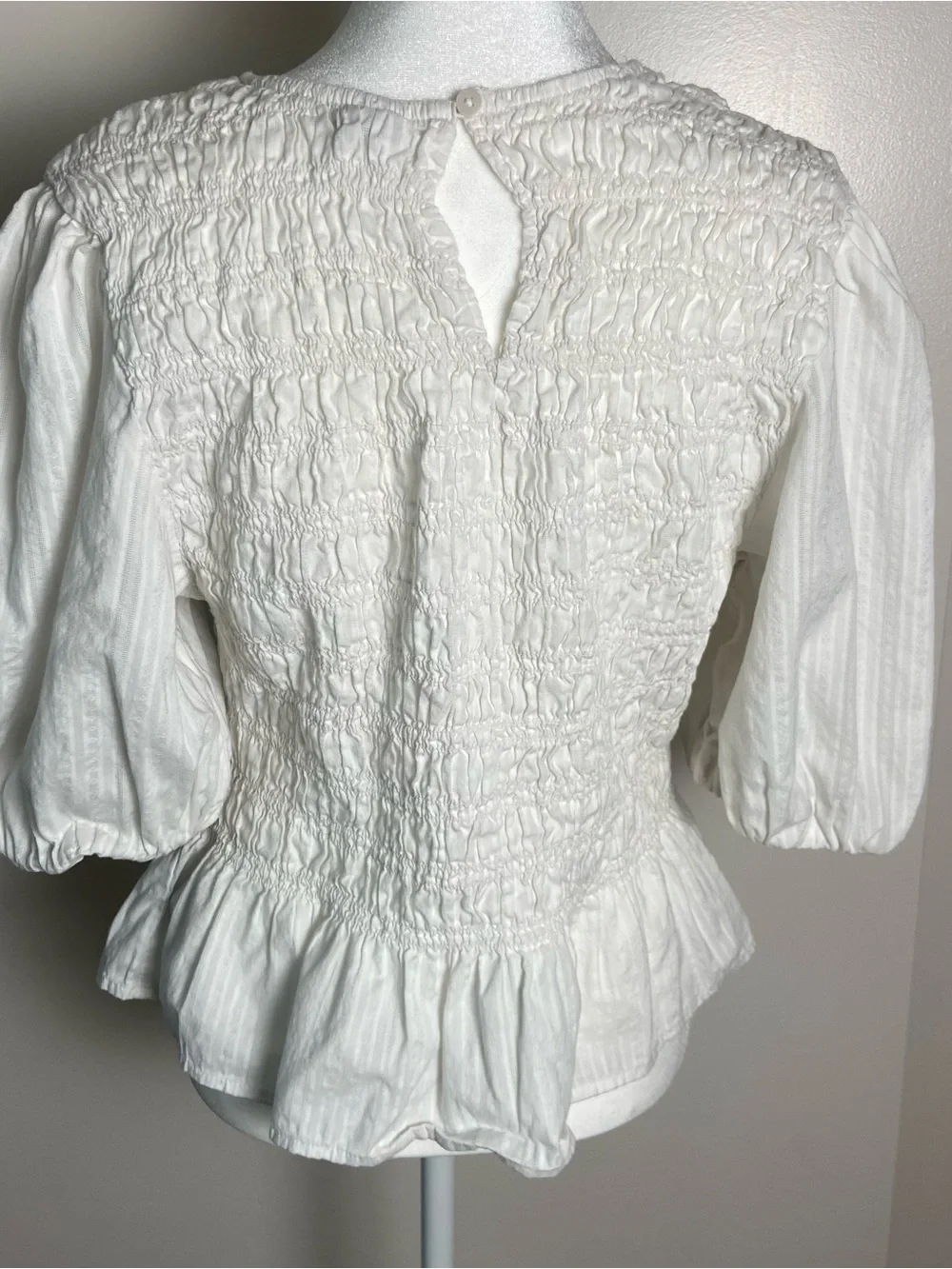 Old Navy White Smocked Peplum Blouse with Puff Sleeves